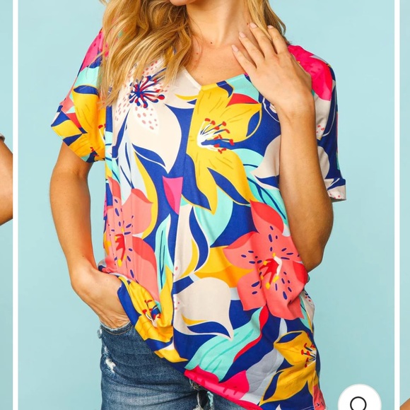 Prep Obsessed Lilly Tropical Floral Pop Drop Shoulder Top - Navy & Yellow - Picture 2 of 9